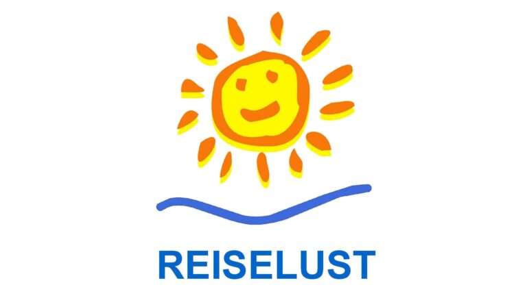 Logo des Urlaubsbüro Reiselust: Eine gemalte Sonne in gelb mit orangen Rand und einem lächelndem Gesicht sitzt über einer blauen geschwungenem Linie und dem Schriftzug Reiselust.